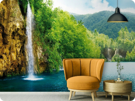 Dekoracja ścienna z motywem wodospadu i natury – nowoczesna aranżacja wnętrza