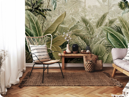 Nowoczesna aranżacja wnętrza z tapetą w motywie tropikalnych liści – dekoracja ścienna Cover Art